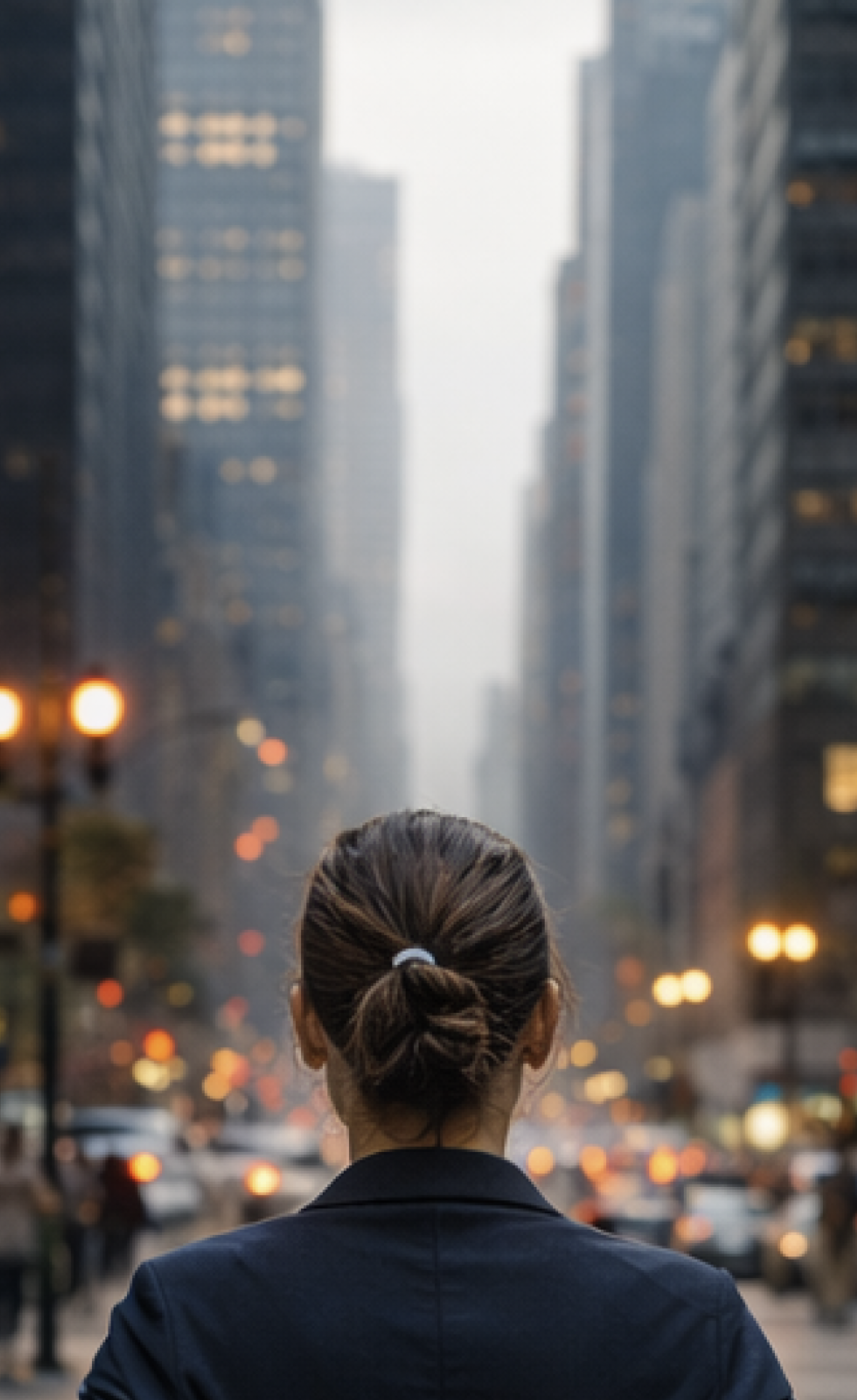 A woman looking down a busy city street with tall skyscrapers in the distance.